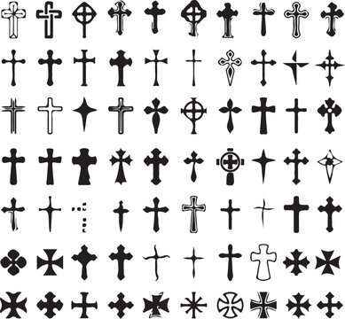 Set of black cross icons featuring religious crucifix symbols and Celtic vector illustrations in a silhouette style for church decoration or tattoo design