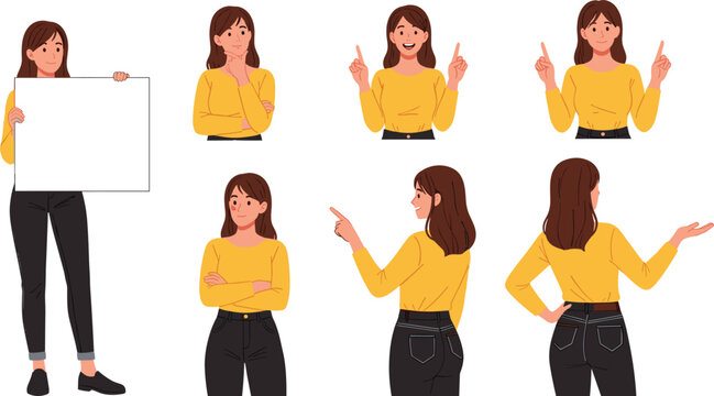 Vector illustration of a young woman in various poses, holding blank sign, thinking, pointing, and presenting for business marketing designs