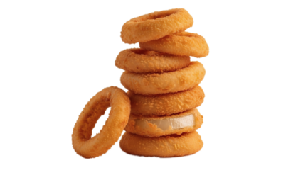 Crispy Onion Rings: A stack of golden, freshly fried onion rings stands enticingly, showcasing a delicious example of comfort food, with each ring meticulously crafted to perfection.