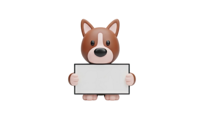 3D Cute cartoon dog holding a blank sign on transparent background