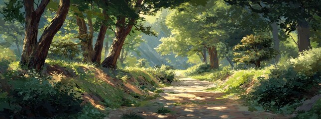 Forest pathway with sunlight trees and vegetation landscape background
