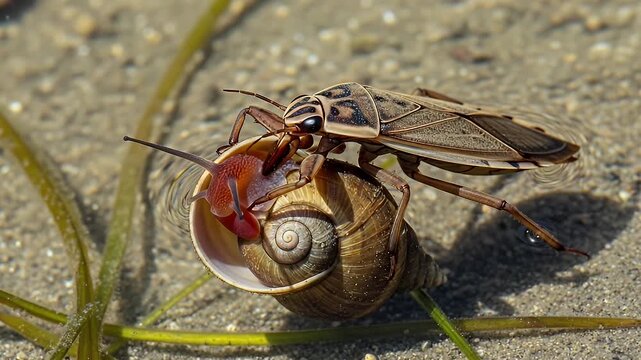 macro snail with tiny insect on shell on sandy ground