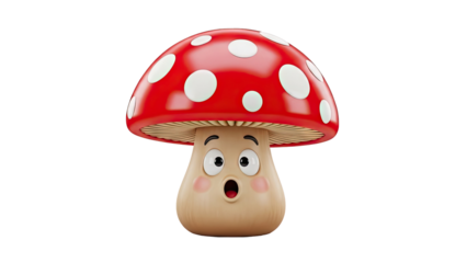 3D Cute Cartoon Mushroom Character with Surprised Expression on transparent background
