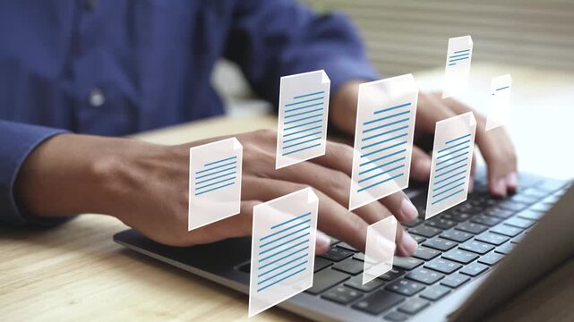 Online documentation database and document management system, process automation to efficiently manage files. Businessman working on laptop with digital screen.