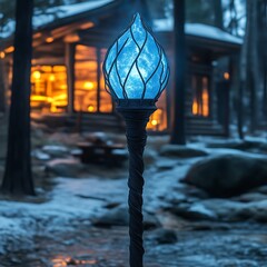 Mystical blue lantern, illuminated in front of a cozy cabin.  Icy, wintery forest backdrop