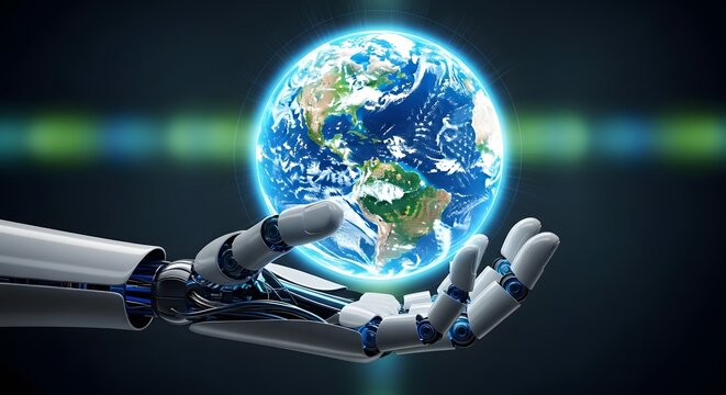 Robotic Hand Holding a Glowing Earth - Powered by Adobe