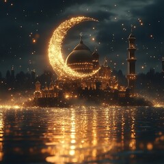 Mystical mosque at night under a glowing crescent moon