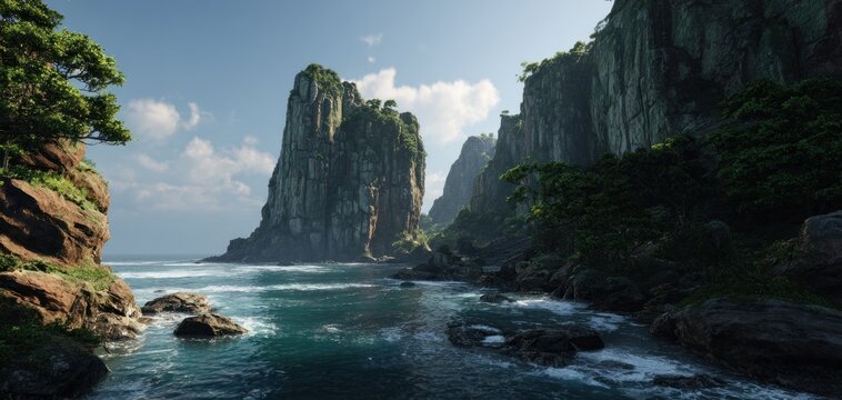 Coastal landscape with towering cliffs and ocean water under a bright blue sky - Powered by Adobe