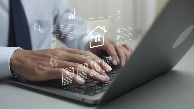 Property management and checklist evaluation concept. businessman use laptop to manage digital real estate assets, with approved houses and checklist documents.