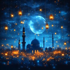Mystical mosque scene at night, illuminated by lanterns and moonlight
