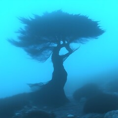 Mystical tree silhouette in ethereal mist.  A dark, flowing tree form, like a woman, stands against a pale blue, foggy backdrop.  The branches and form seem to be whipped by a strong wind