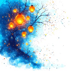 Mystical tree with lanterns,  glowing in a winter wonderland