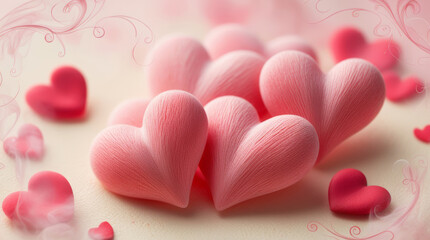 Pink fabric hearts arranged on light textured surface with soft glow and airy swirls. Romantic love background for valentine, wedding, greeting cards and messages