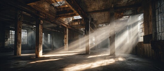 Dramatic interior sunlight illuminates empty industrial building space