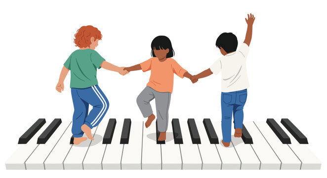 Back view of diverse children holding hands and walking on giant piano keys. Vector illustration of kids playing music together. Music education, friendship, and rhythm concept in flat cartoon style.
