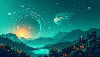 Futuristic landscape with glowing orb and global network connections