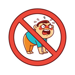 Fototapeta premium A cartoon illustration of an angry, red-faced man on all fours inside a red prohibition sign, symbolizing no tantrums or aggressive behavior.