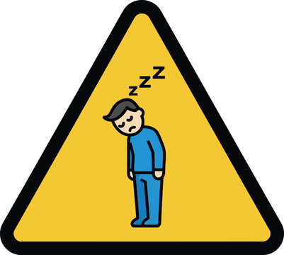 A yellow triangular warning sign with a black border depicting a sleepy person in blue clothes with "Zzz" indicating fatigue or drowsiness.