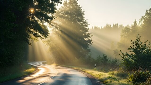 Sunlit forest road with morning mist and lush greenery - Powered by Adobe