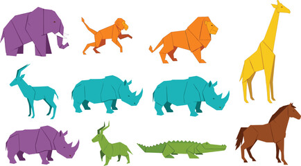 Colorful origami animal vector set featuring elephant lion giraffe rhino monkey crocodile and horse in geometric paper fold style isolated on white background. © Priyanka