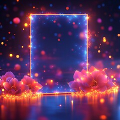 Neon frame with glowing flowers