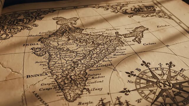 Vintage map of India. Map showing India. Map outline India. Old world map. Sepia-toned illustration. Geographic map. Country borders. Historical map style. Brown parchment texture. Detailed map.