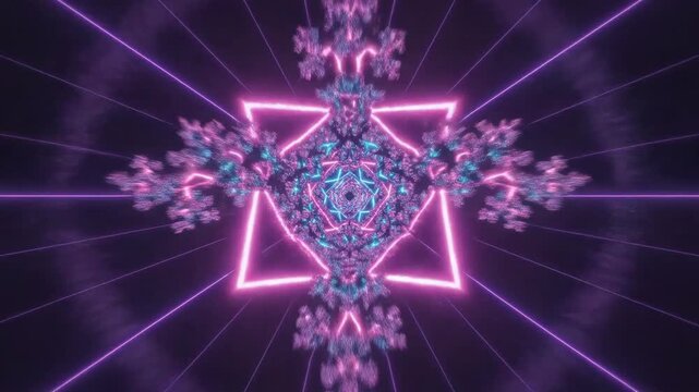 Zooming into an infinite colorful abstract fractal pattern composed of repeating geometric tessellations glowing with retro 1980s neon mandala, illusion, vivid