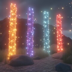 Neon pillars in a desert landscape at twilight