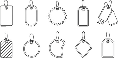 Retail Price Tag Icon Set Featuring Various Hanging Labels For Shopping Sales, Discounts, Promotions, E-commerce Branding, And Product Identity Design