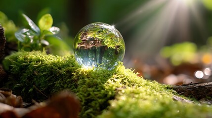 Glass globe resting moss in green forest with sunlight rays environmental protection concept fresh natural atmosphere