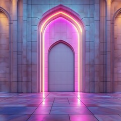 Neon-lit arched doorway in a stone building