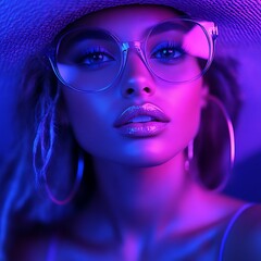 Neon-lit portrait of a woman wearing oversized glasses, a wide-brimmed hat, and hoop earrings