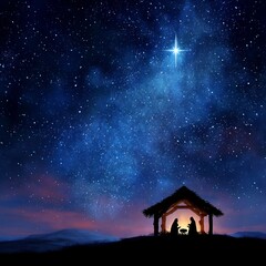 Fototapeta premium Nativity scene silhouette under starry night sky glowing guiding star peaceful spiritual Christmas atmosphere minimal religious background