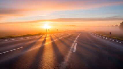 Scenic sunrise over empty highway with misty landscape