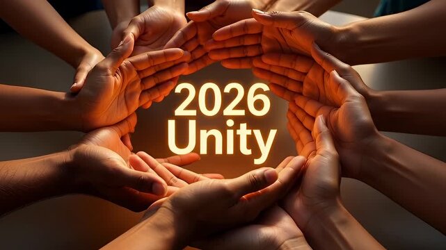 Group of diverse hands coming together in unity around text
