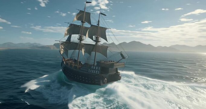 Aerial view of a ghost ship sailing rapidly through the ocean with majestic mountains in the background