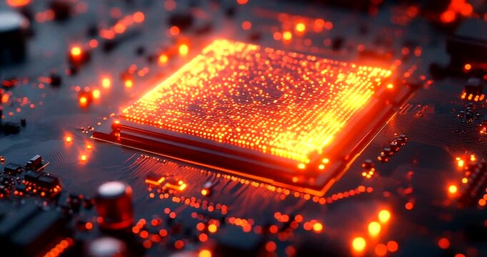 Glowing Microchip on Circuit Board with LED Lights