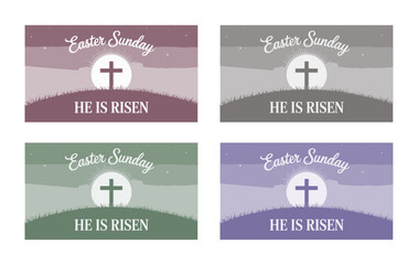 Serene Easter Sunday illustration showing a cross on a hill with a glowing moon