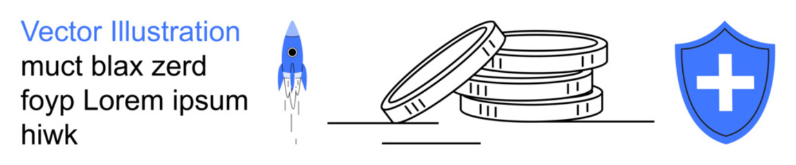 Fototapeta premium Financial planning, healthcare services, investment strategies, startup funding, safety, conceptual protection. Stack of coins, rocket and shield with cross. Financial planning and protection