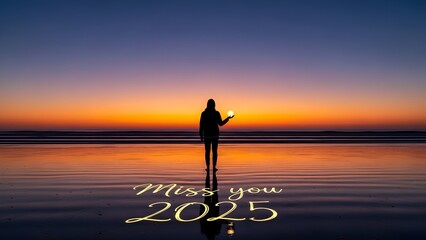 Silhouette of person missing someone at sunset beach