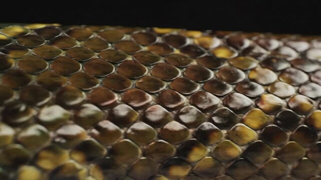 A close-up view of a snake skin texture with intricate patterns and scales in golden brown hues