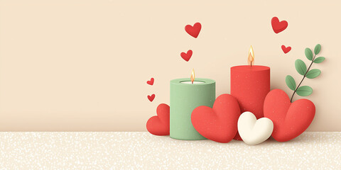 Romantic candles with hearts and leaves