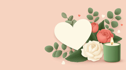 Romantic heart shaped card with flowers and candle