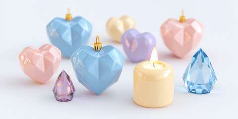 Colorful heart ornaments and candle