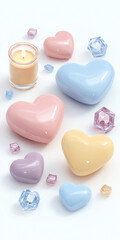 Colorful heart shapes with candle and crystals