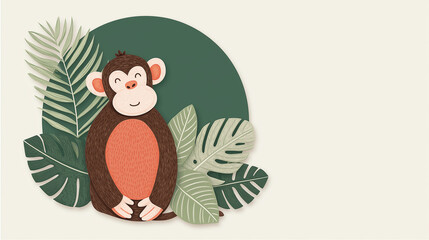 Cute cartoon monkey with tropical leaves