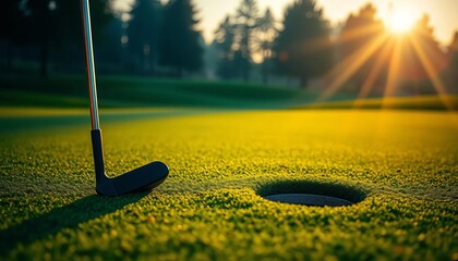 Early morning sun illuminates a golf green with a putter near a hole, evoking an atmosphere for wellness, strategic discussion, and leisurely sport,  activity,  challenge