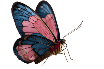 a butterfly with pink and blue wings sitting on a piece of paper