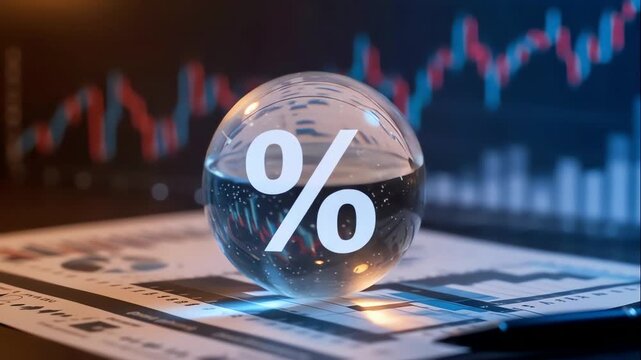Glass sphere with percent sign standing on financial documents symbolizing analysis of rates and investment market blurred graphs emphasize profit and risk business economy concept