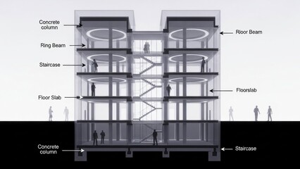 A cross-section of a multi-story building with various structural elements and people inside.